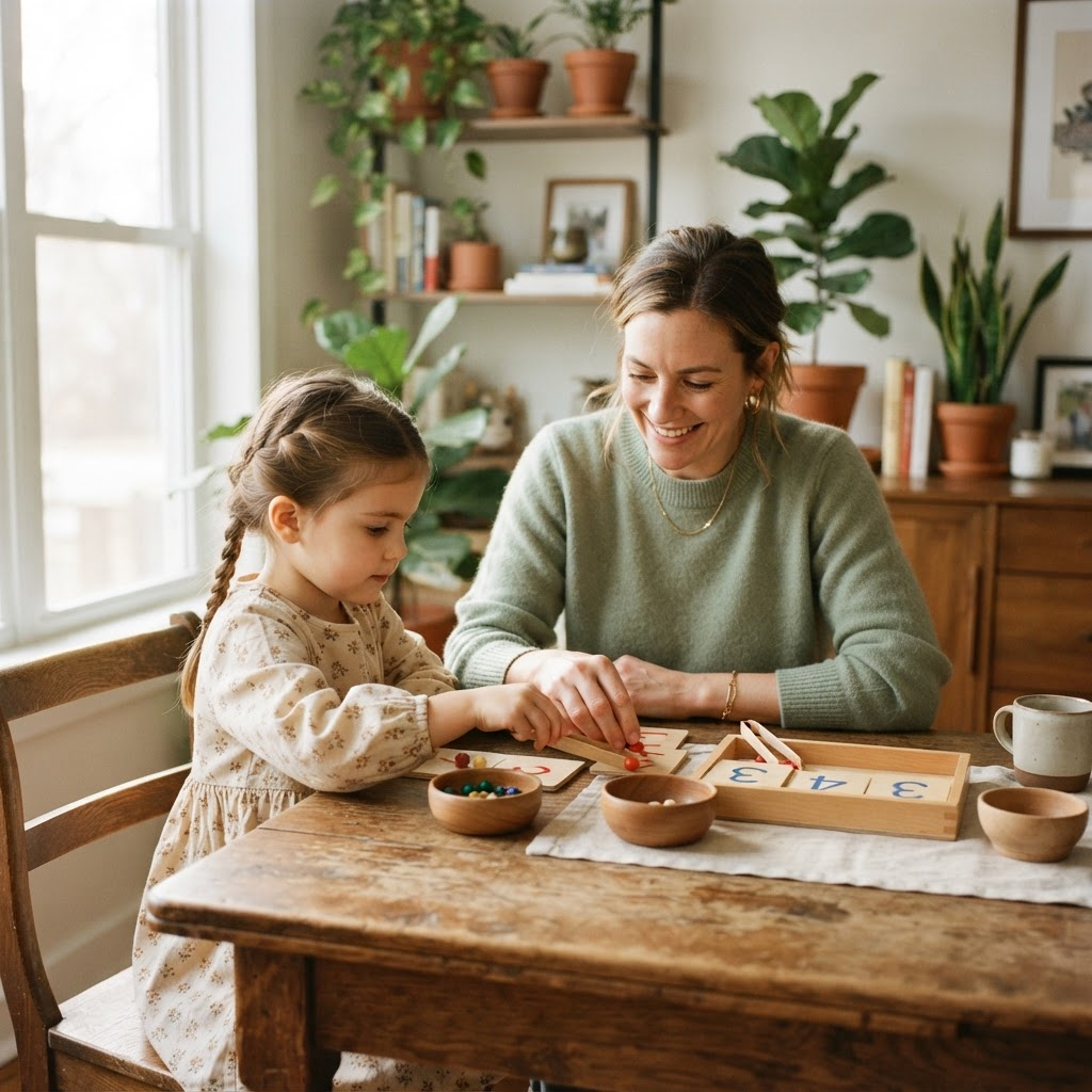 A parent and child learning together at home